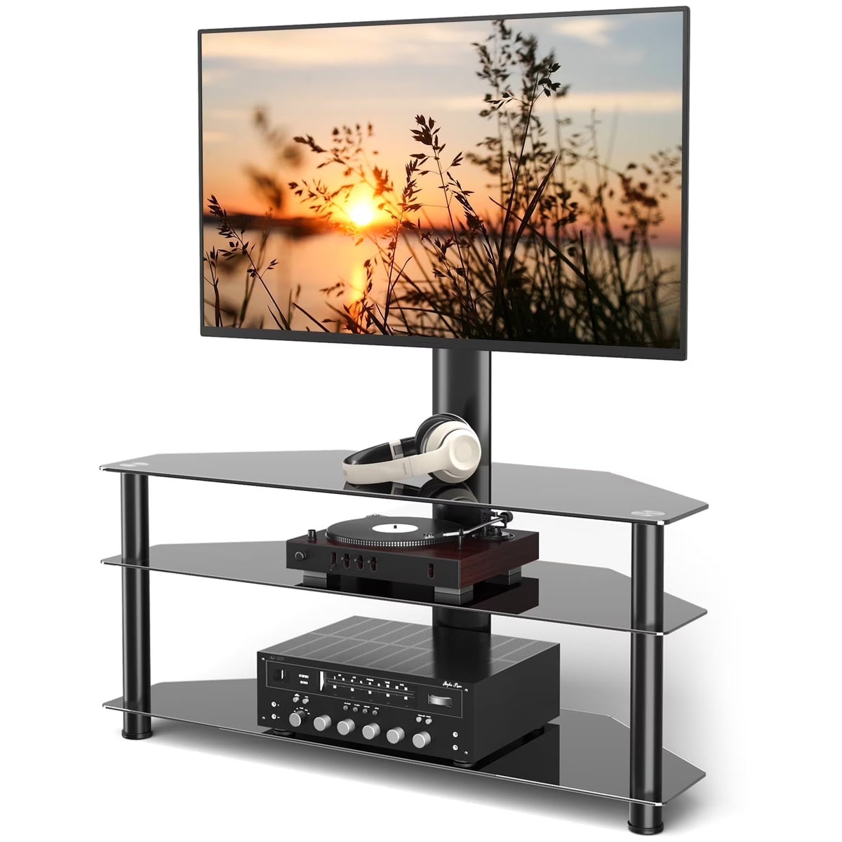 RTVR Modern 3 in 1 TV Stand with Mount for Flat Screens up to 65 in, Black Glass Corner TV Stand for Bedroom