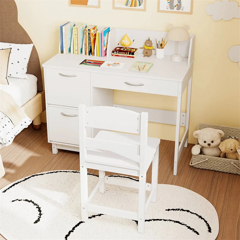 Wooden Kids Desk and Chair Set with Hutch, Storage Drawer & Cabinet, Children School Study Table Writing Computer Workstation for Ages 3-8