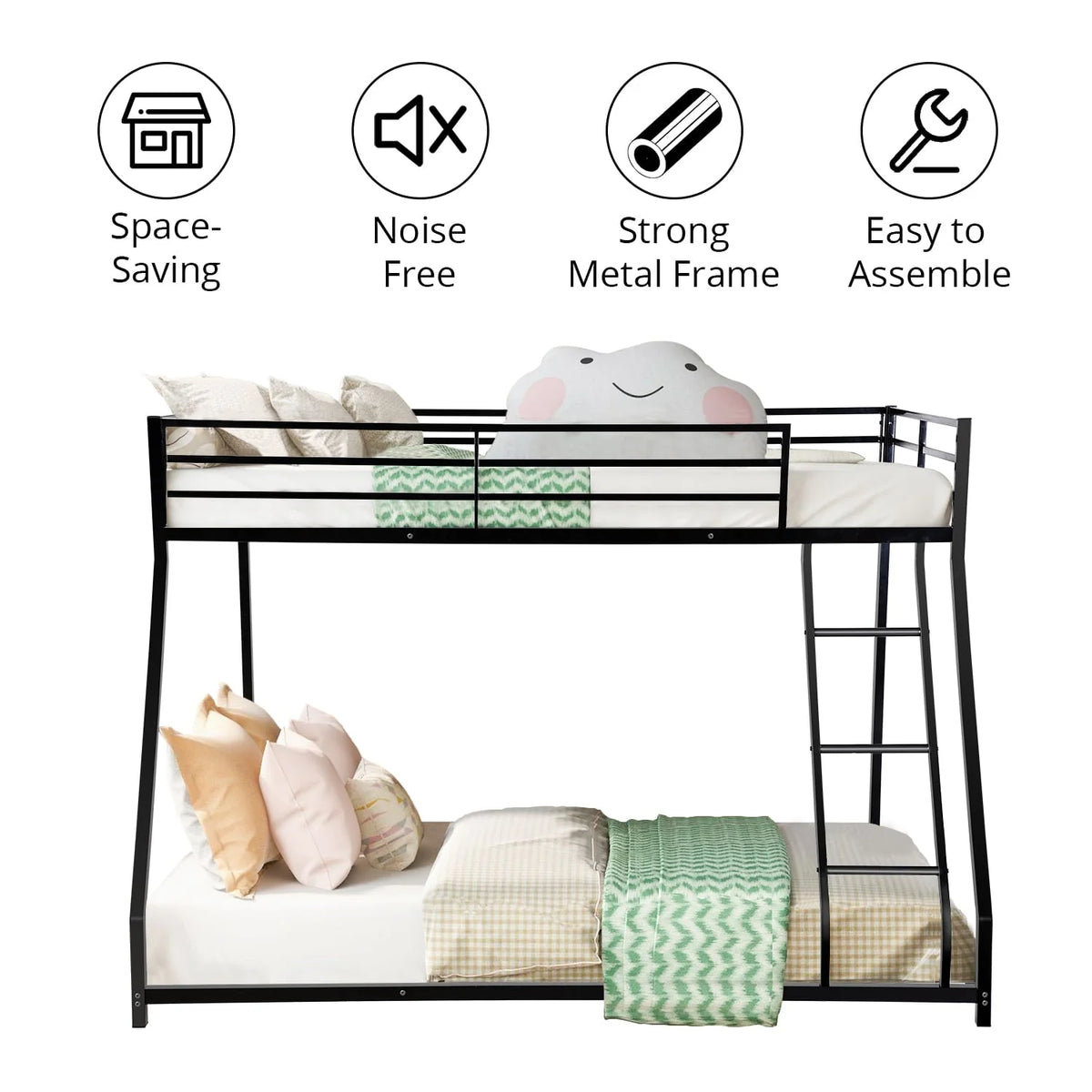 Twin Over Full Bunk Bed, Metal Bunk Bed Frame, Noise Free Floor Bunk Beds with Guardrails & Ladder for Kids Teens Adults, No Box Spring Needed, Black