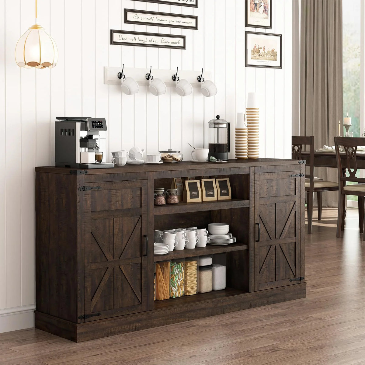 Chvans Farmhouse Barn Door TV Stand for up to 65" Tvs & 23" Electric Fireplace, Entertainment Center Console Table with Adjustable Shevles