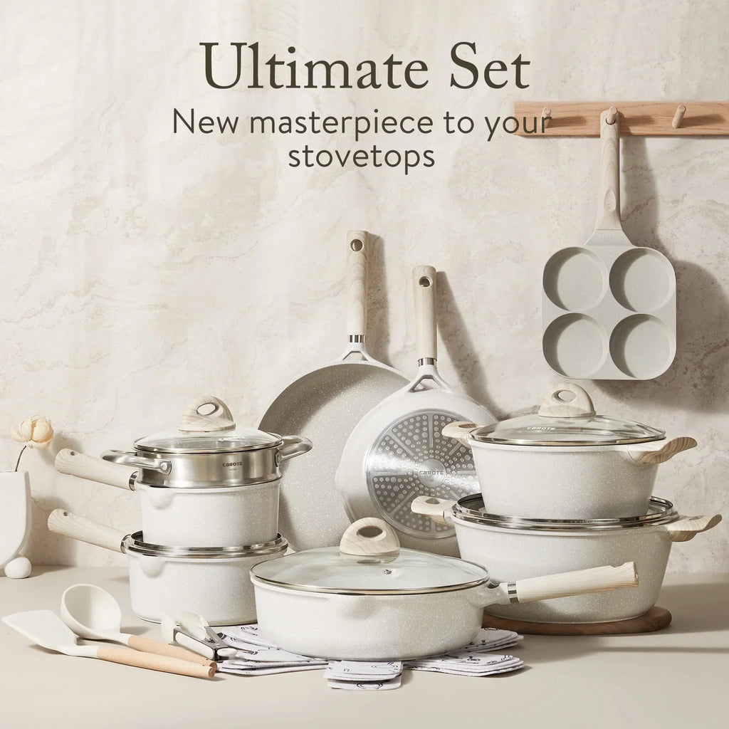 Non Stick Pots and Pans Set. 21 Pcs Induction Kitchen Cookware Sets (Beige Granite)
