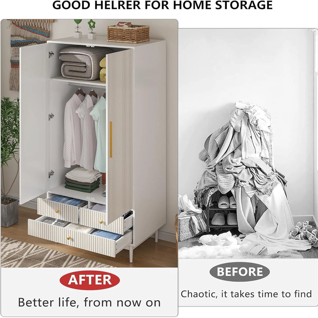 Oubayajia Wardrobe Armoire Closet, 2 Fluted Doors Wardrobe Cabinet with 3 - Drawer and Hanging Rod, Wood Wardrobe Storage for Bedroom