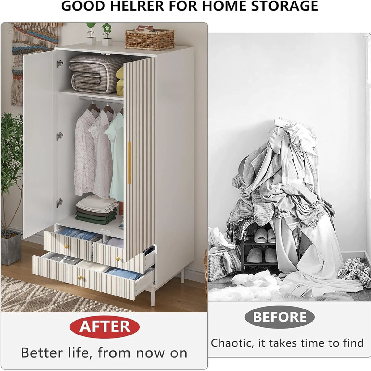 Oubayajia Wardrobe Armoire Closet, 2 Fluted Doors Wardrobe Cabinet with 3 - Drawer and Hanging Rod, Wood Wardrobe Storage for Bedroom