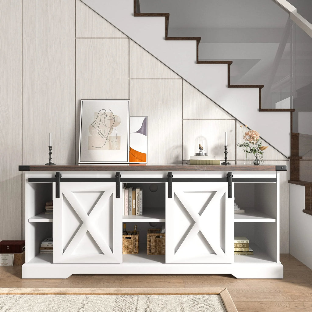 Chvans Farmhouse Barn Door TV Stand for up to 65" Tvs & 23" Electric Fireplace, Entertainment Center Console Table with Adjustable Shevles