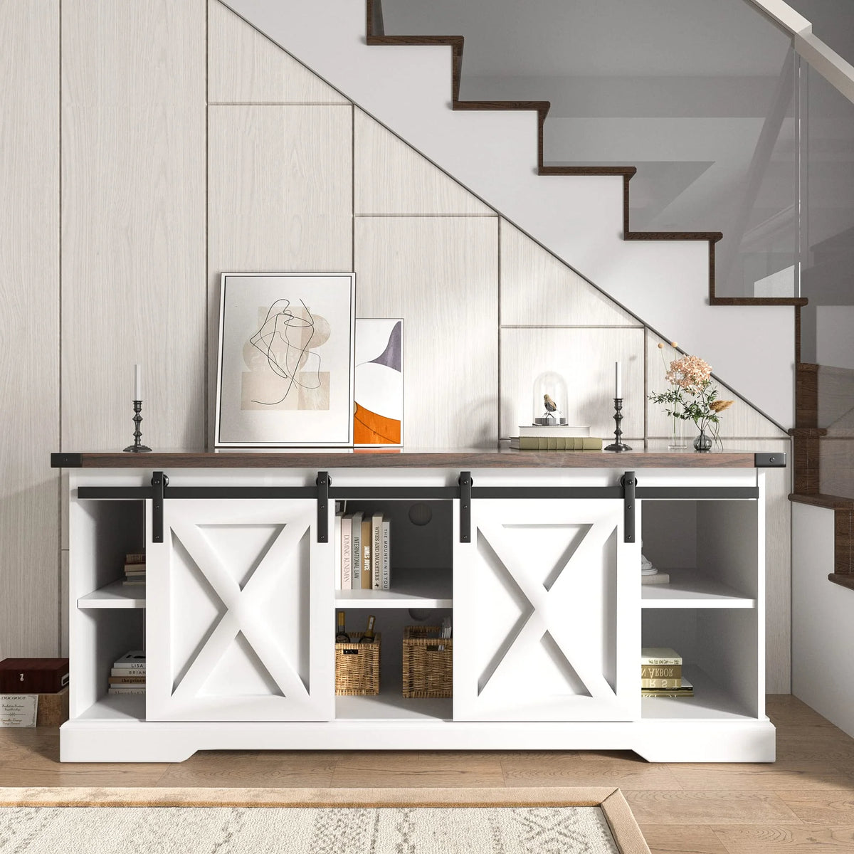 Chvans Farmhouse Barn Door TV Stand for up to 65" Tvs & 23" Electric Fireplace, Entertainment Center Console Table with Adjustable Shevles