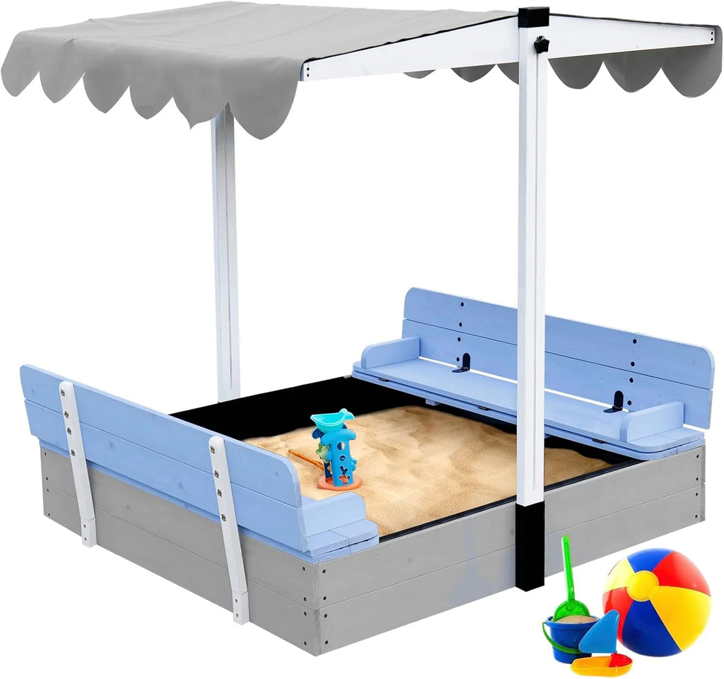 Wooden Sandbox with Lid, Benches and Adjustable Canopy