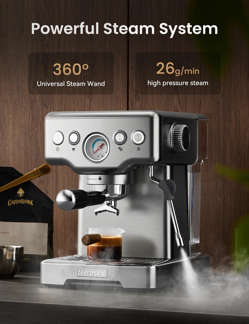 Neretva Espresso Machine 15 Bar Professional Espresso Maker with Milk Frother Steam Wand, Cappuccino & Latte Machine, Espresso Coffee Machine for Home - Stainless Steel