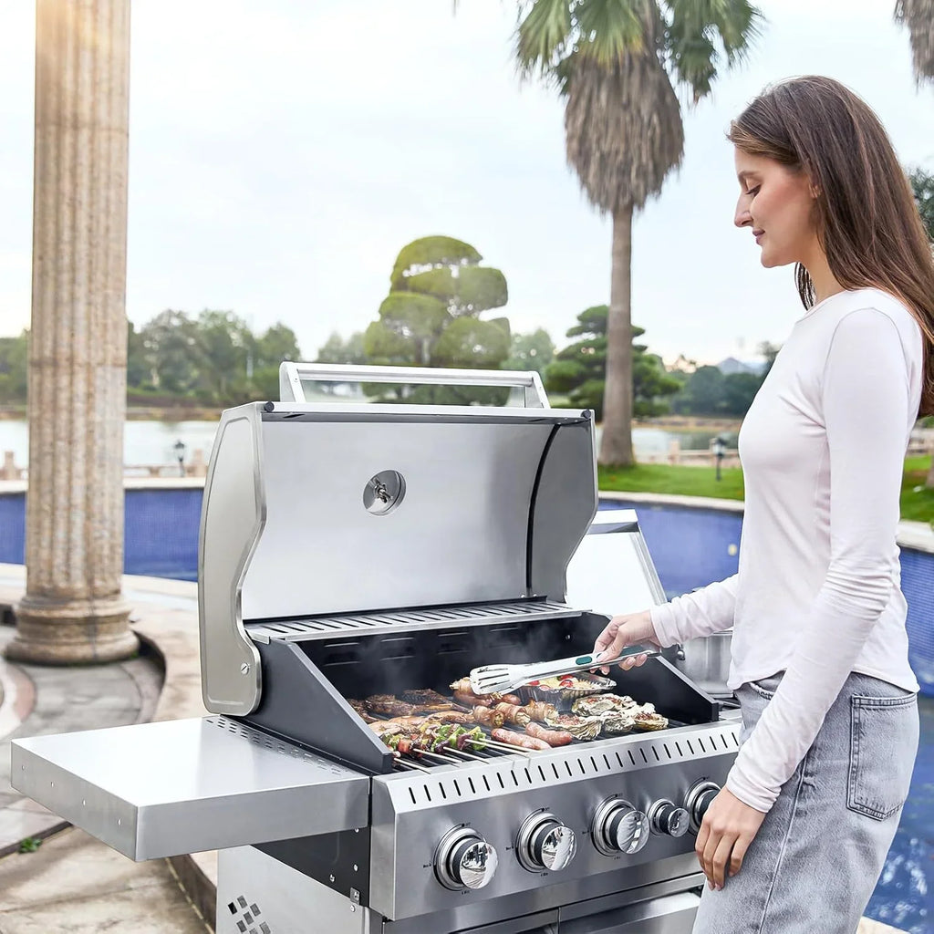 Upgraded 4 Burner Bbq Propane Gas Grill with Cast Iron Grates & Side Stove, 44,000 btu Stainless Steel Burner Barbecue Grill for Patio,…