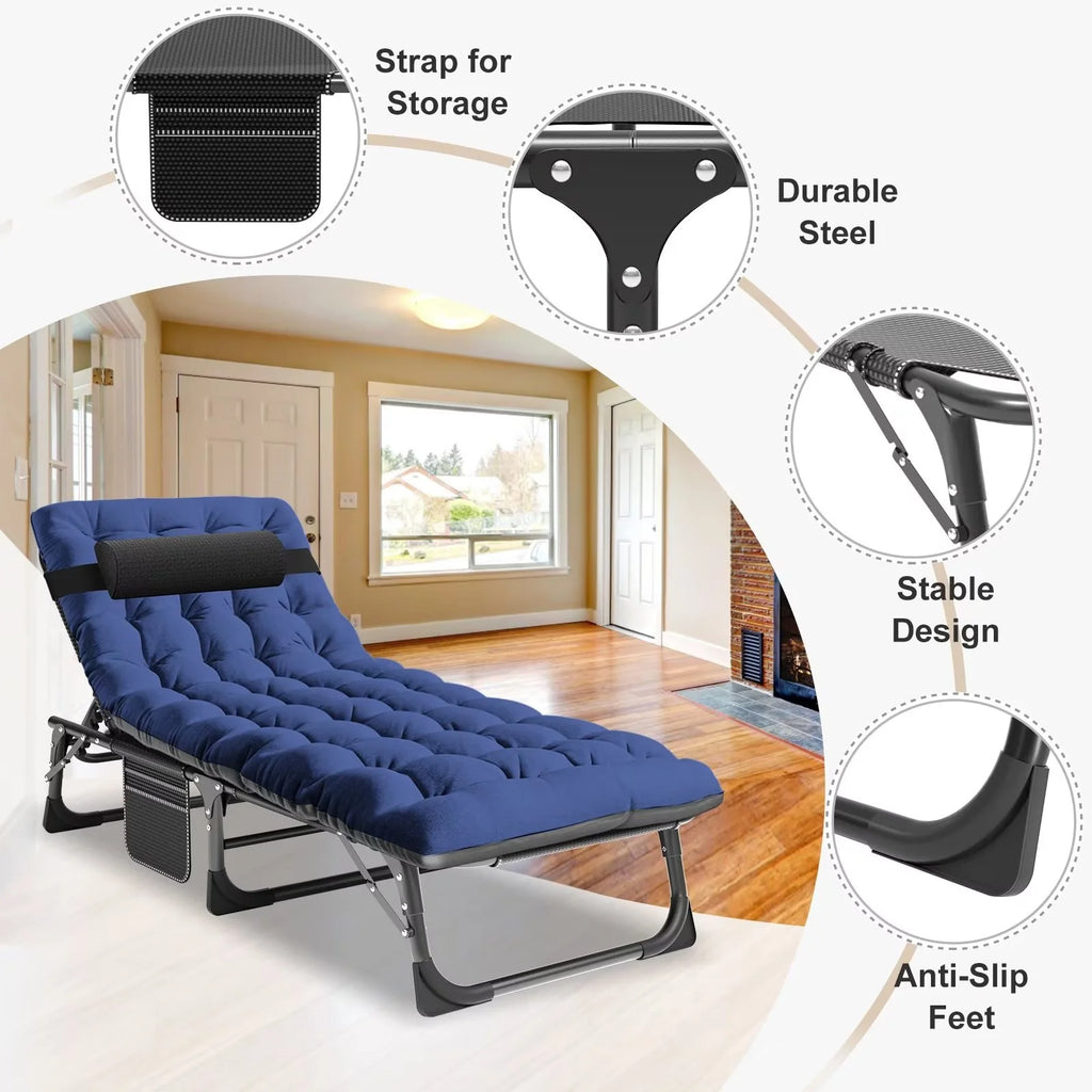 MOPHOTO Lounge Chair with Mattress, Outdoor Chaise Lounge Support 440 lb, Adjustable Portable Heavy Duty Sleeping Cots Bed for Camping, Pool, Beach, Patio