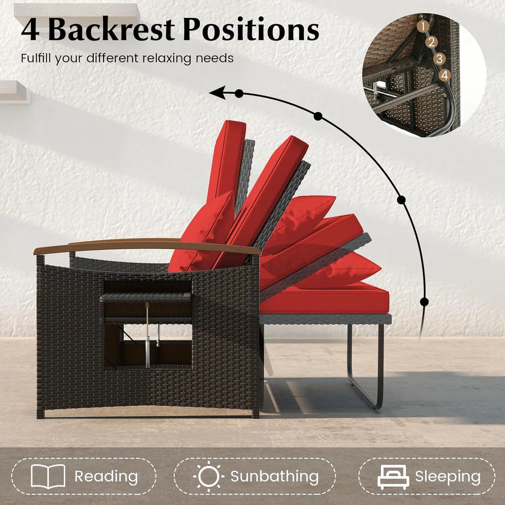 Outdoor Wicker Sofa Daybed with Adjustable Backrest and Storage Ottoman