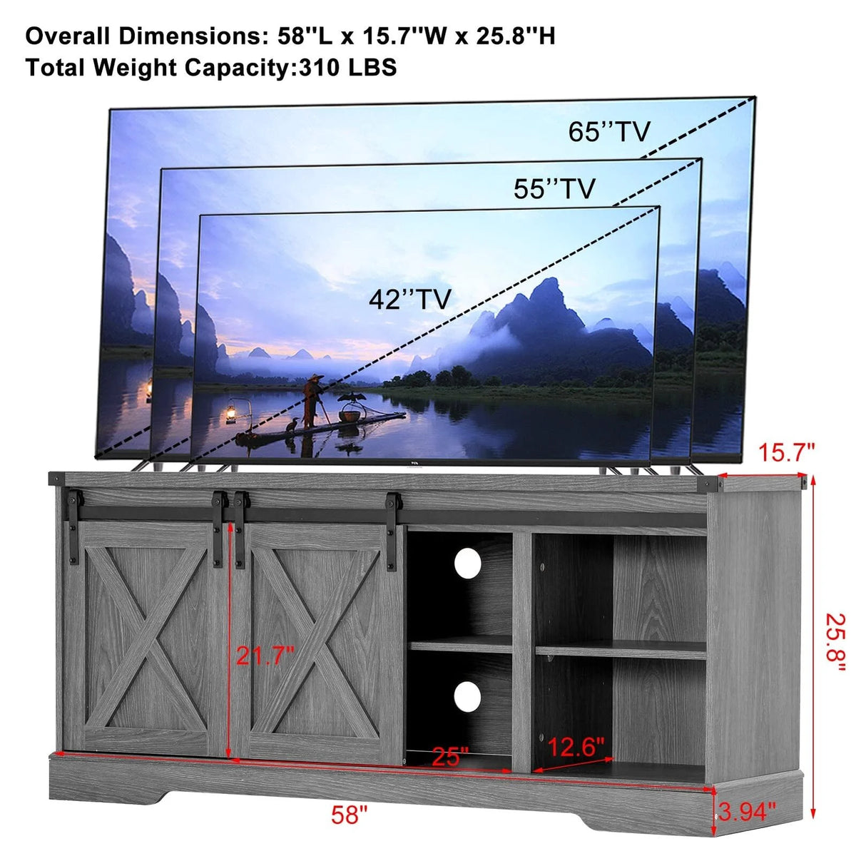 Chvans Farmhouse Barn Door TV Stand for up to 65" Tvs & 23" Electric Fireplace, Entertainment Center Console Table with Adjustable Shevles