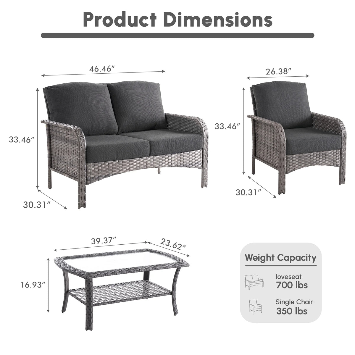 Ovios 4 Pieces Wicker Outdoor Patio Furniture with Coffee Table High Back All-Weather Rattan Outdoor Sectional Conversation Set for Backyard Porch Garden, Denim Blue