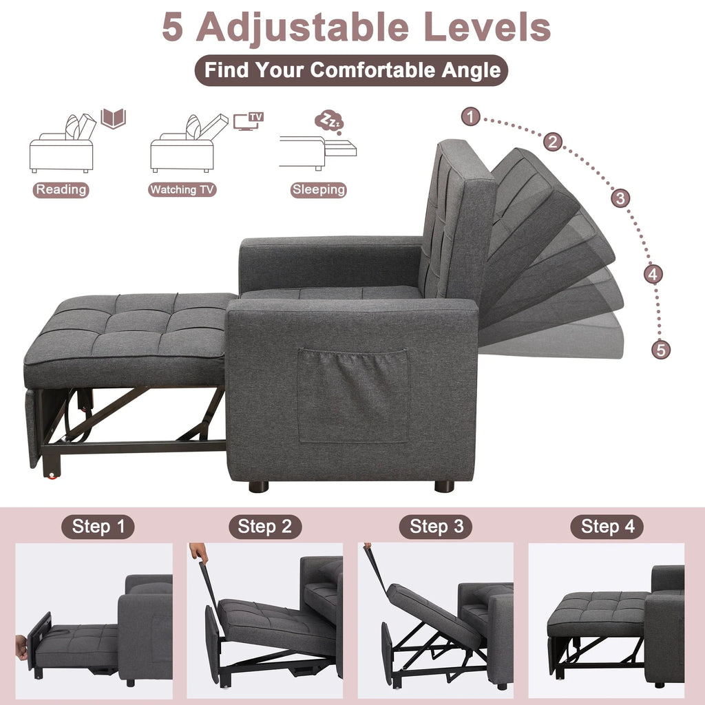 Tolead 3 - in - 1 Convertible Sofa Bed Sleeper Chair with Adjustable Backrest, Gray