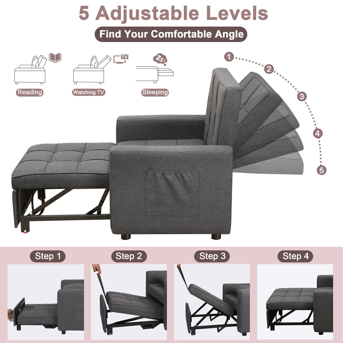 Tolead 3 - in - 1 Convertible Sofa Bed Sleeper Chair with Adjustable Backrest, Gray