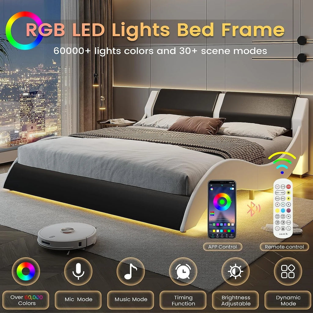 Queen Size Bed Frame with LED Lights, Modern Platform Bed Frame with Upholstered Headboard, Faux Leather Wave Like Low Profile Bed Frame, No Box Spring Needed, Black