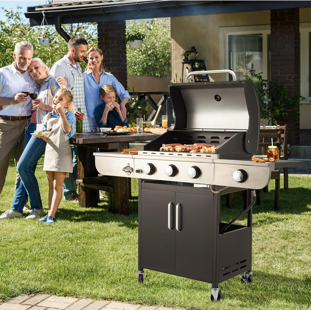 Upgraded 4 Burner Bbq Propane Gas Grill with Cast Iron Grates & Side Stove, 44,000 btu Stainless Steel Burner Barbecue Grill for Patio,…