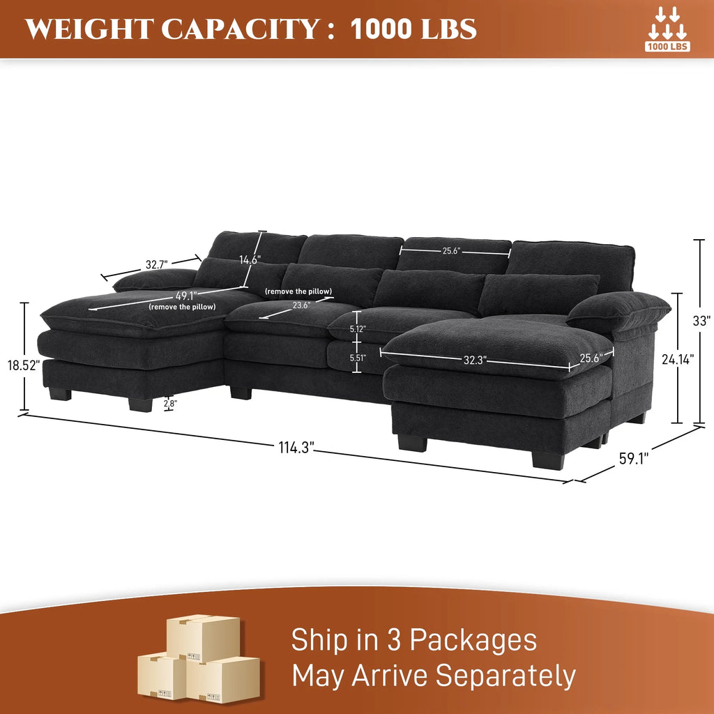 Rophefx 114.3" U Shaped Sectional Couches for Living Room, Cloud Couch, 4 Seats Chenille Couch with Double Layer Cushion, Orange