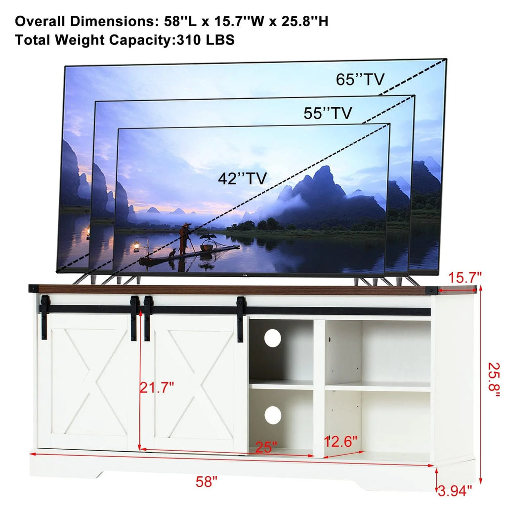 Chvans Farmhouse Barn Door TV Stand for up to 65" Tvs & 23" Electric Fireplace, Entertainment Center Console Table with Adjustable Shevles
