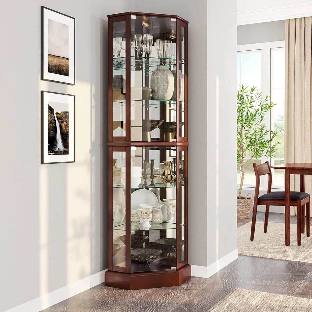 Lighted Corner Curio Cabinet with Glass Door and Shelves