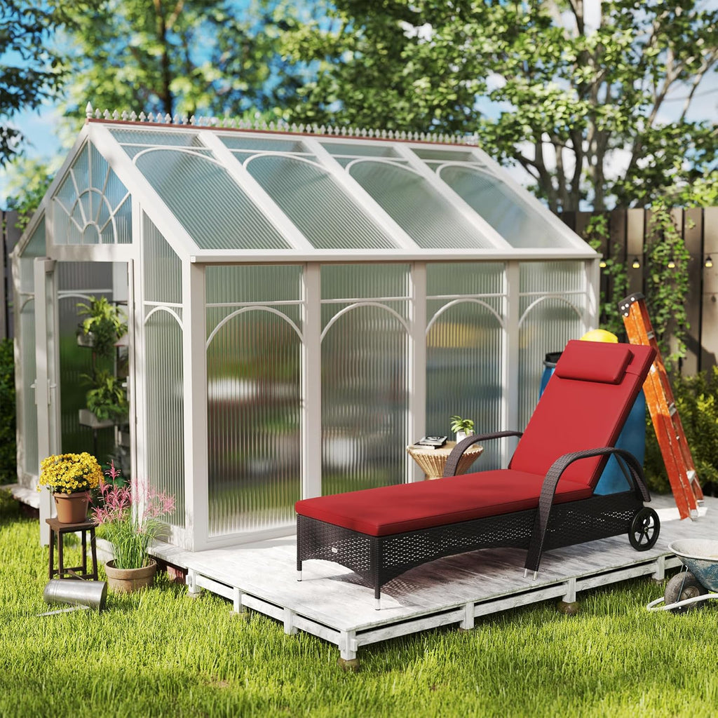 Outdoor Wicker Chaise Lounge with Adjustable Backrest and Wheels
