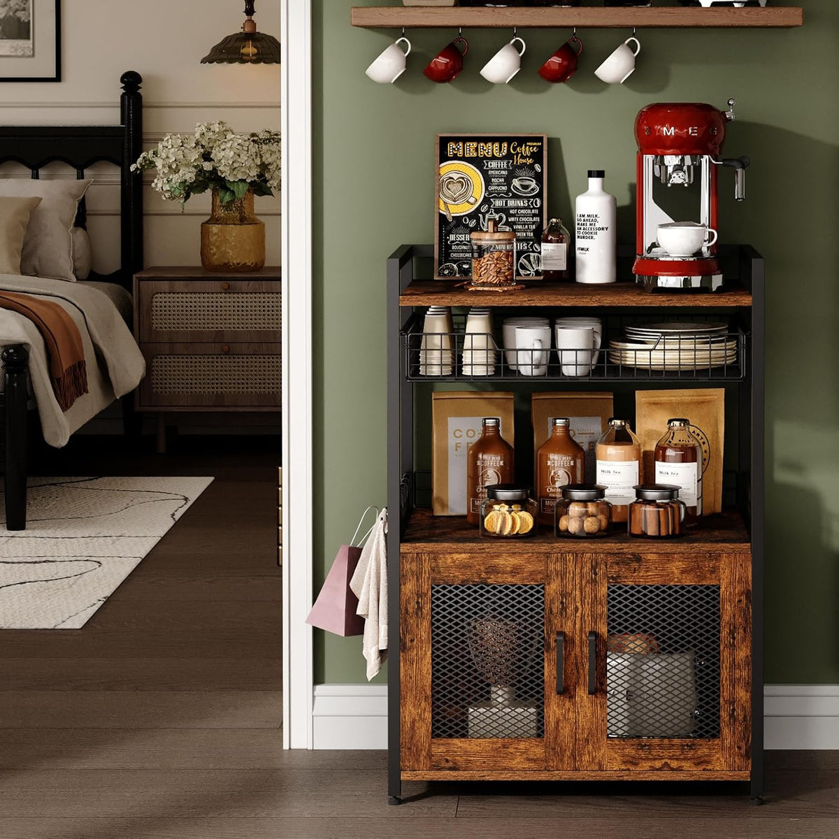 Rolling Coffee Bar Cabinet with Basket Drawer, Rustic Brown