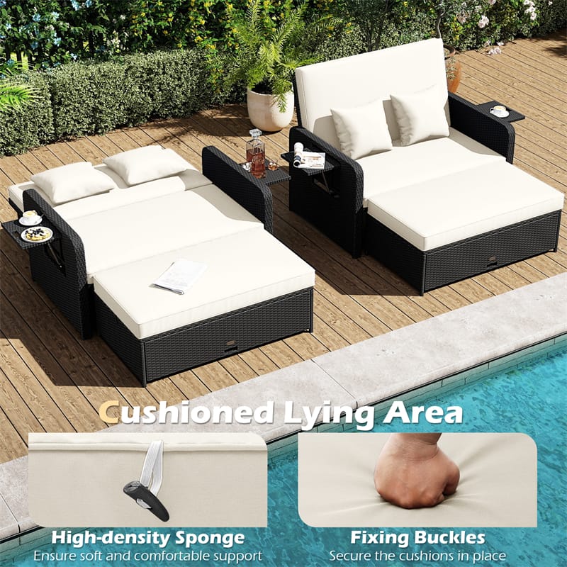 Patio Rattan Daybed Outdoor Wicker Loveseat Sofa with 4-Level Adjustable Backrest, Storage Ottoman, Retractable Tray & Cushions for Backyard