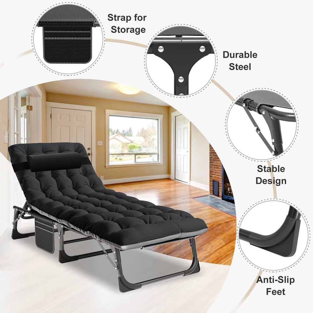 MOPHOTO Lounge Chair with Mattress, Outdoor Chaise Lounge Support 440 lb, Adjustable Portable Heavy Duty Sleeping Cots Bed for Camping, Pool, Beach, Patio