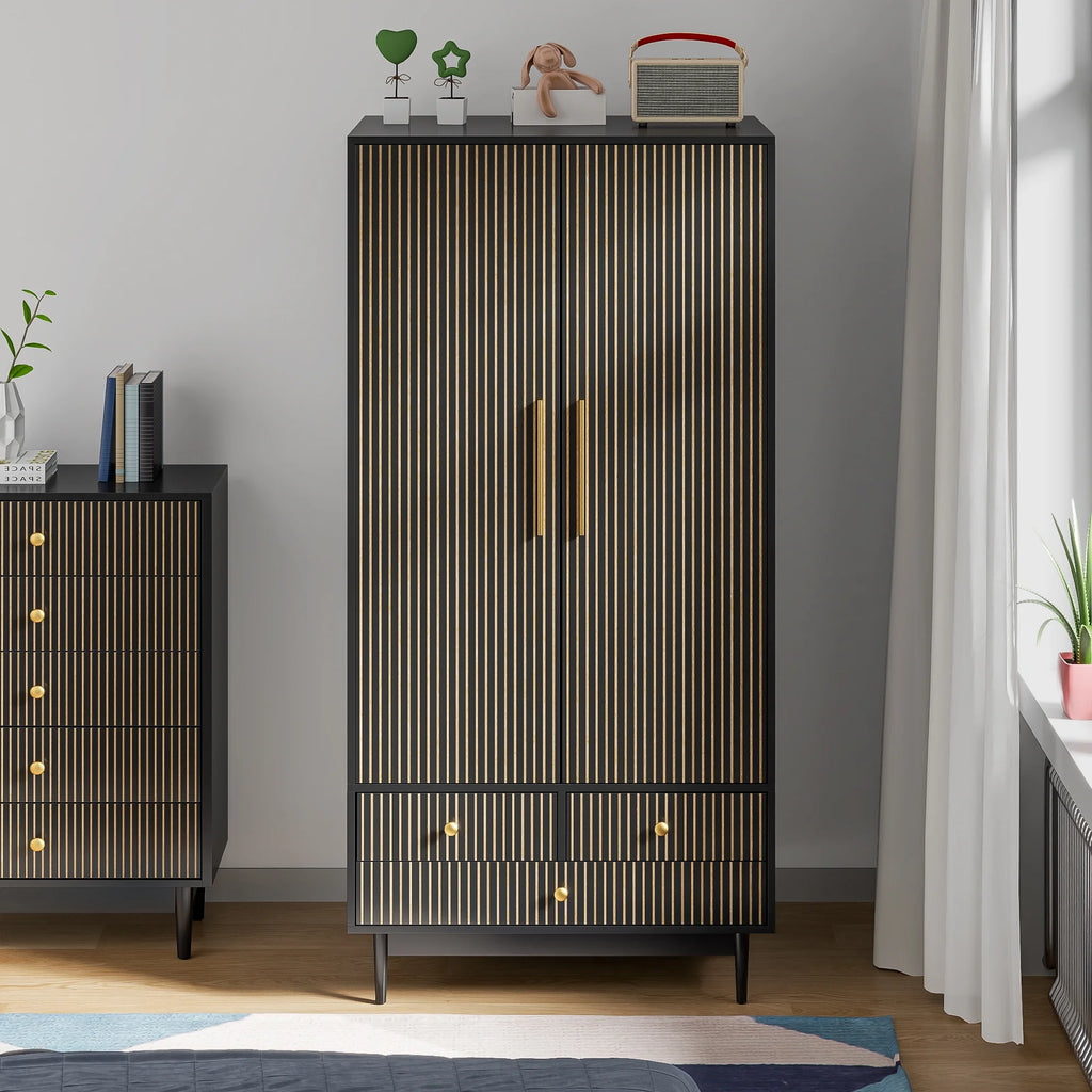 Oubayajia Wardrobe Armoire Closet, 2 Fluted Doors Wardrobe Cabinet with 3 - Drawer and Hanging Rod, Wood Wardrobe Storage for Bedroom