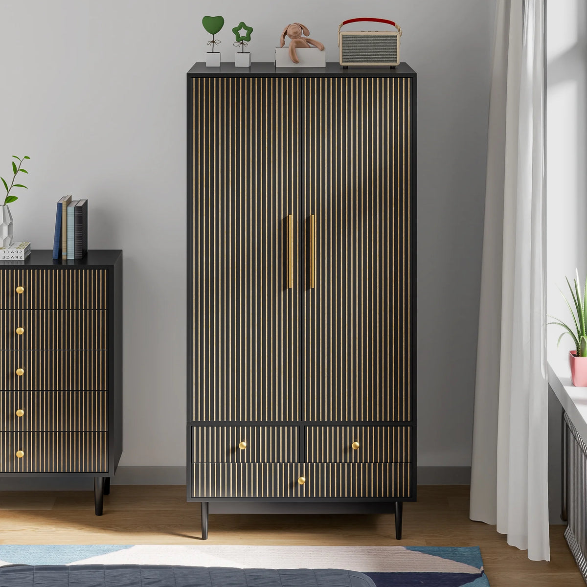 Oubayajia Wardrobe Armoire Closet, 2 Fluted Doors Wardrobe Cabinet with 3 - Drawer and Hanging Rod, Wood Wardrobe Storage for Bedroom