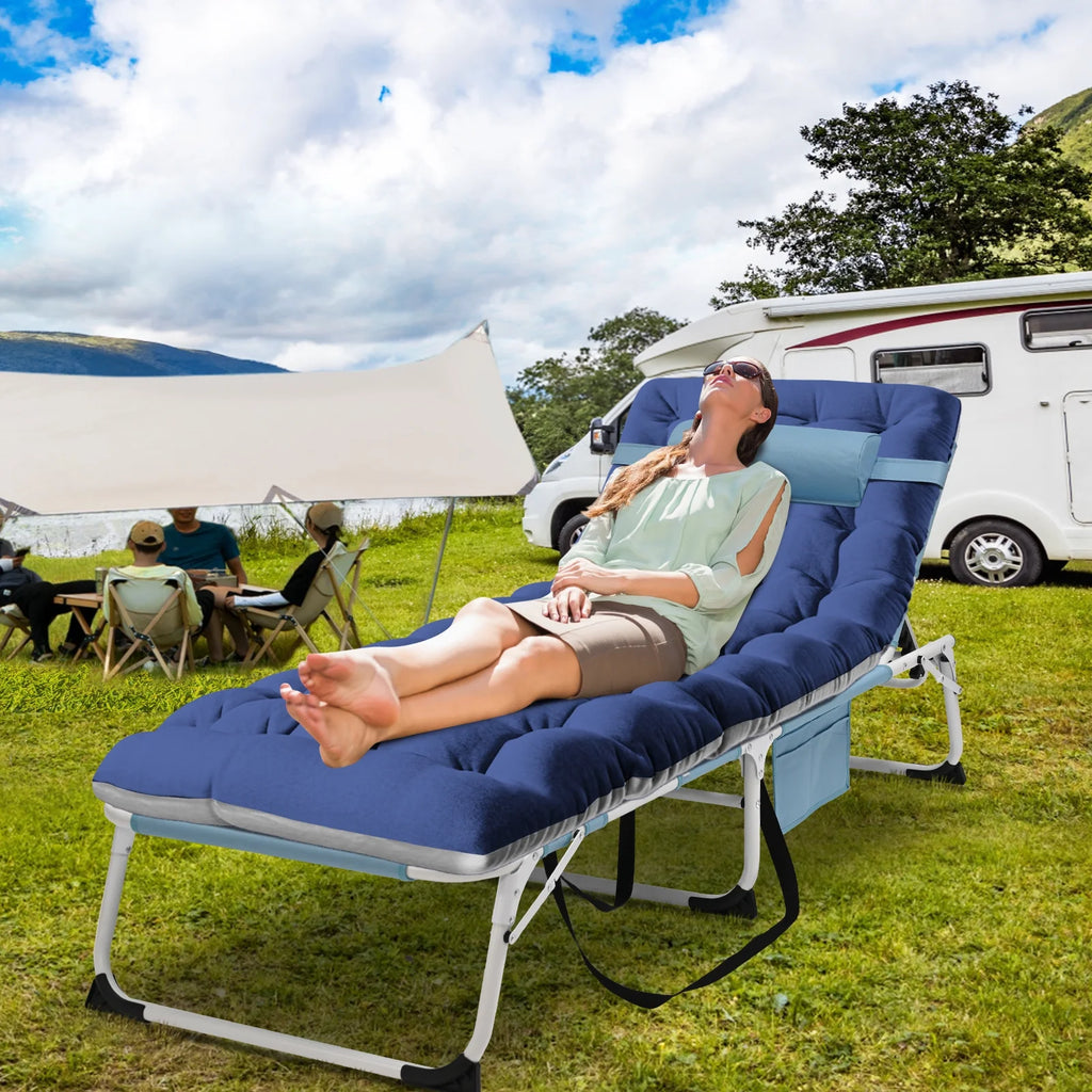 MOPHOTO Lounge Chair with Mattress, Outdoor Chaise Lounge Support 440 lb, Adjustable Portable Heavy Duty Sleeping Cots Bed for Camping, Pool, Beach, Patio