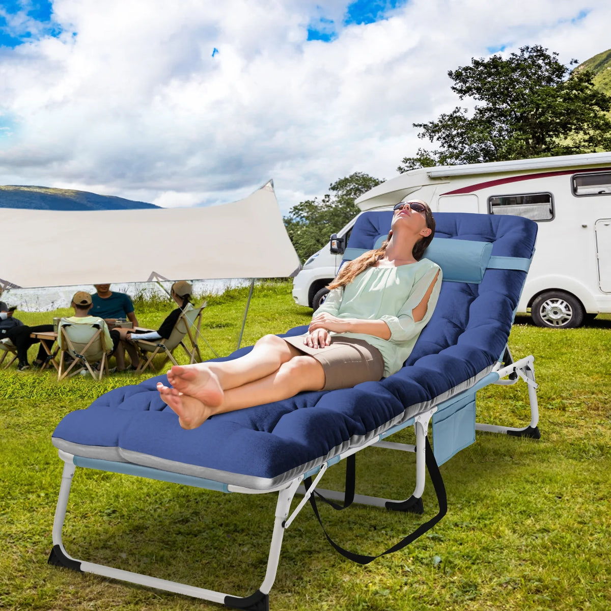 MOPHOTO Lounge Chair with Mattress, Outdoor Chaise Lounge Support 440 lb, Adjustable Portable Heavy Duty Sleeping Cots Bed for Camping, Pool, Beach, Patio