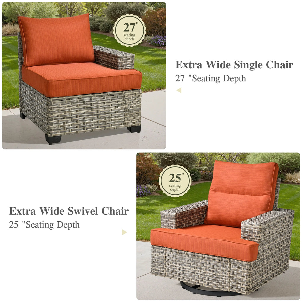 Ovios 10 Pieces Outdoor Patio Furniture Modern High - Back All - Weather Wicker Sectional Conversation Set with Propane Fire Pit Table & Swivel Chair, Dark Gray