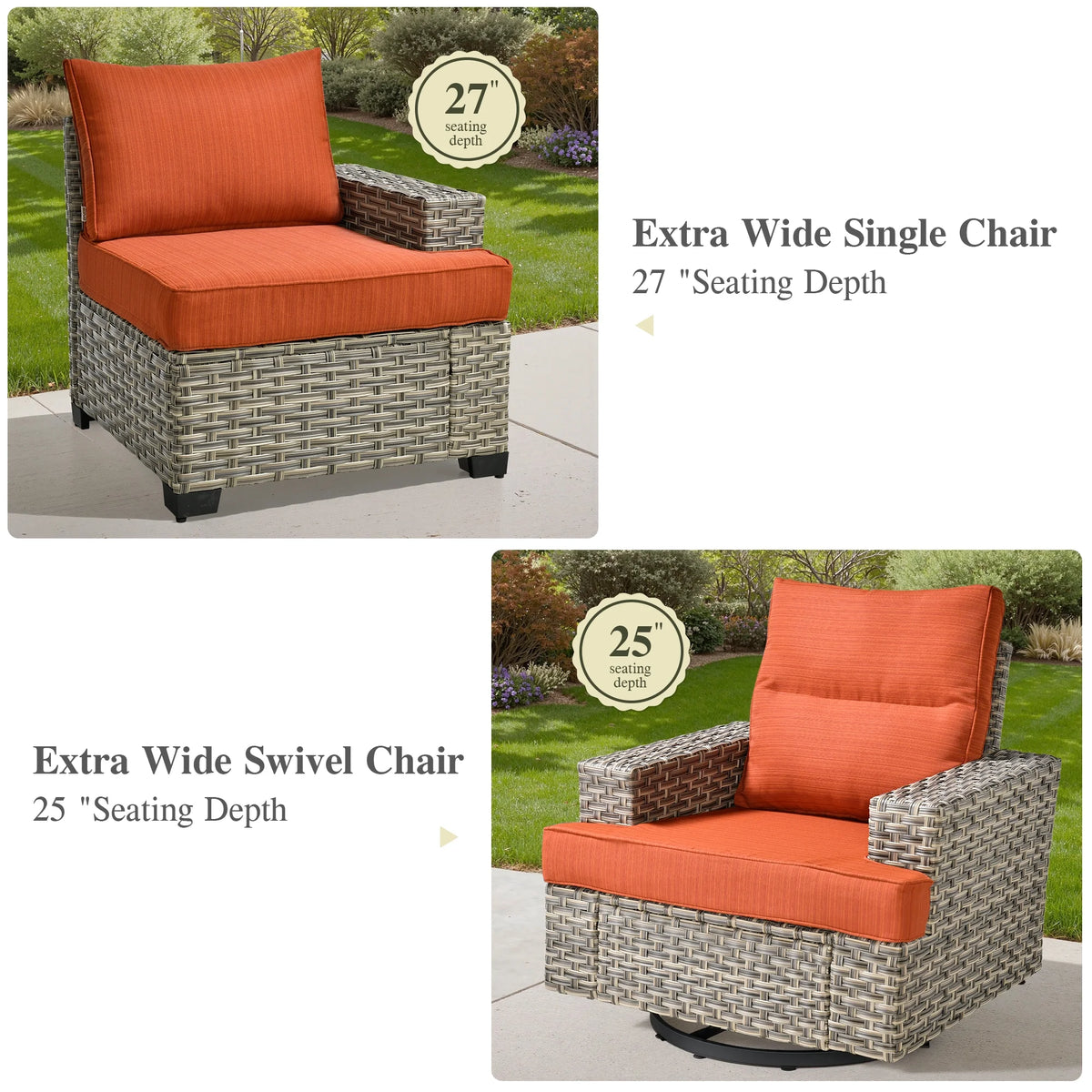 Ovios 10 Pieces Outdoor Patio Furniture Modern High - Back All - Weather Wicker Sectional Conversation Set with Propane Fire Pit Table & Swivel Chair, Dark Gray