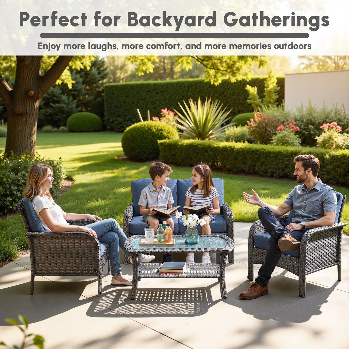 Ovios 4 Pieces Wicker Outdoor Patio Furniture with Coffee Table High Back All-Weather Rattan Outdoor Sectional Conversation Set for Backyard Porch Garden, Denim Blue