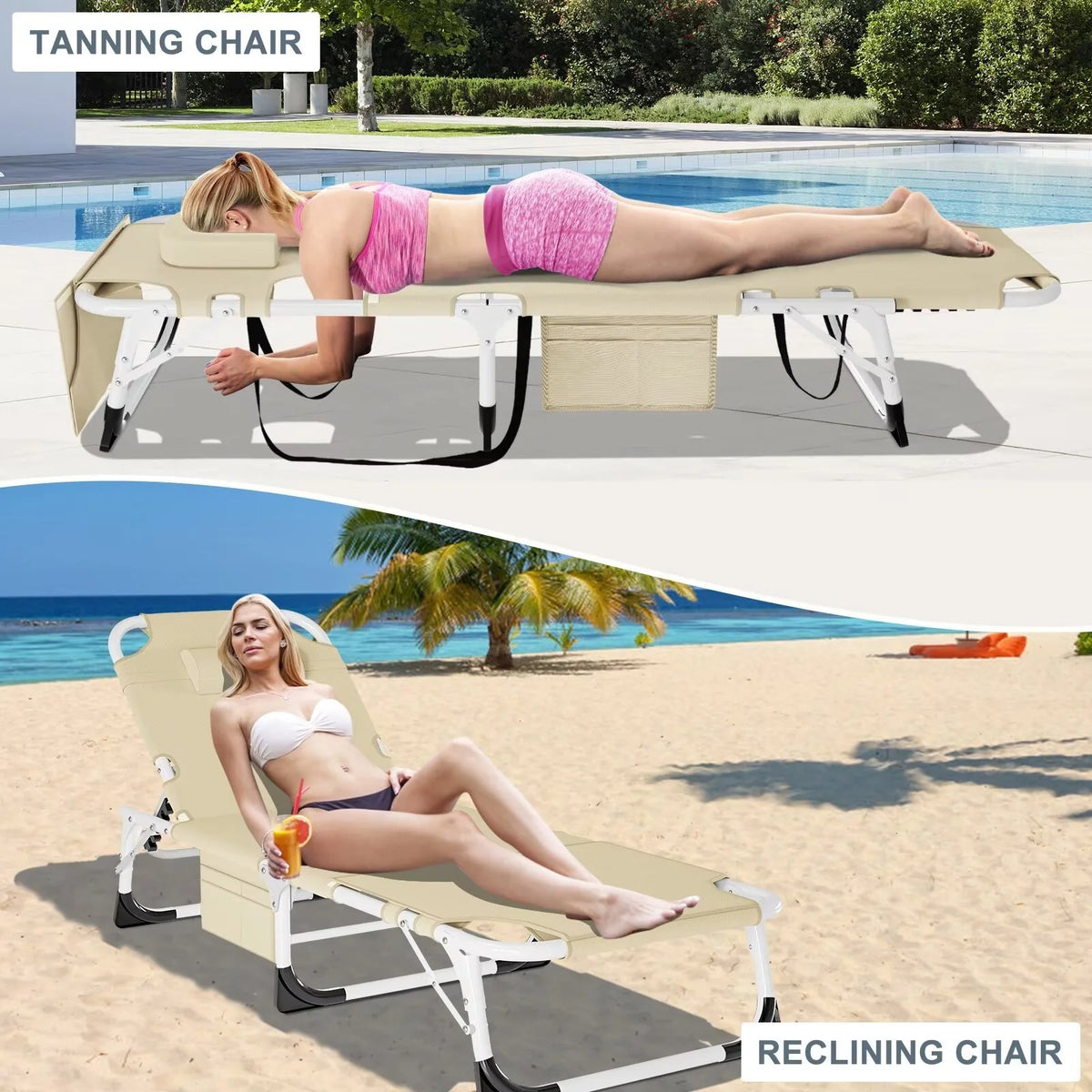 MOPHOTO Lounge Chair with Mattress, Outdoor Chaise Lounge Support 440 lb, Adjustable Portable Heavy Duty Sleeping Cots Bed for Camping, Pool, Beach, Patio