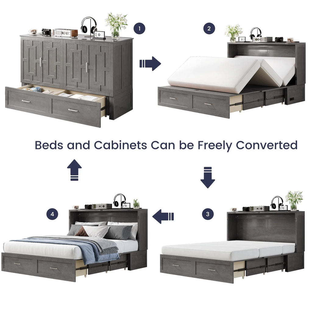 ZAFLY Murphy Bed with Trifold Foam Mattress, Cabinet Bed Has USB Charging Station, Convertible Bed with Storage Platform, Cabinet Chest Bed with Large Drawers for Living Room/Bedroom (Grey)