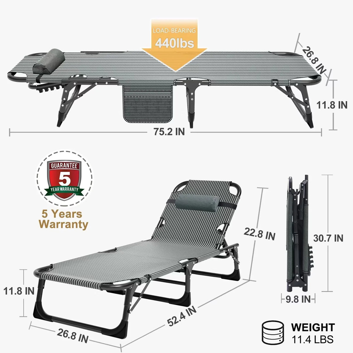 MOPHOTO Lounge Chair with Mattress, Outdoor Chaise Lounge Support 440 lb, Adjustable Portable Heavy Duty Sleeping Cots Bed for Camping, Pool, Beach, Patio