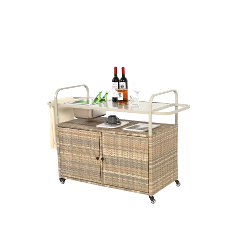 Yiweny Outdoor Rolling Wicker Bar Cart, Large Portable Outdoor Wicker Bar Table with Cabinet Storage and Glass Countertop, Patio Wicker Serving Bar Cart for Pool, Party, Backyard, Black