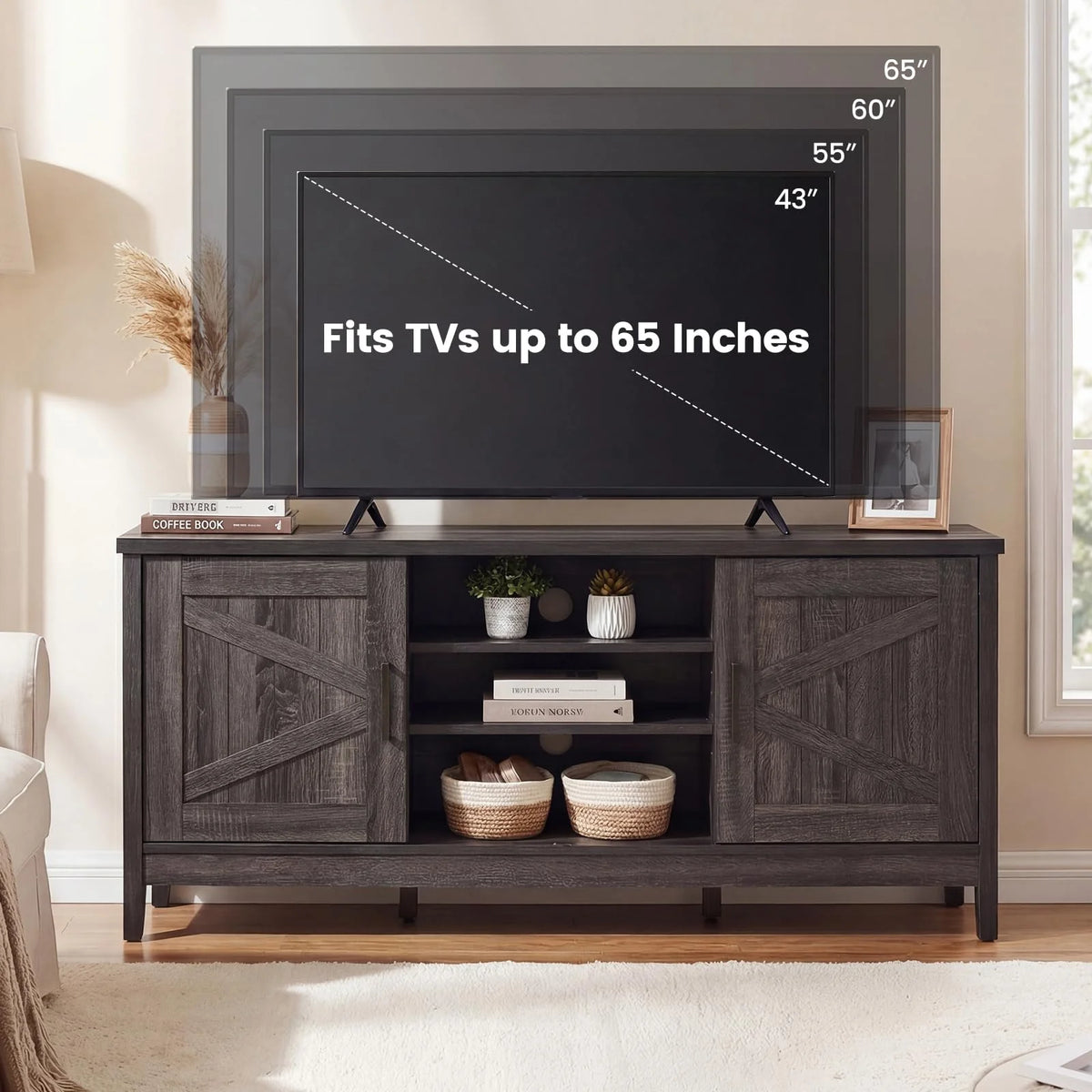 Tangkula Farmhouse TV Stand for TVs up to 65 Inch Entertainment Center with 2 Storage Cabinets