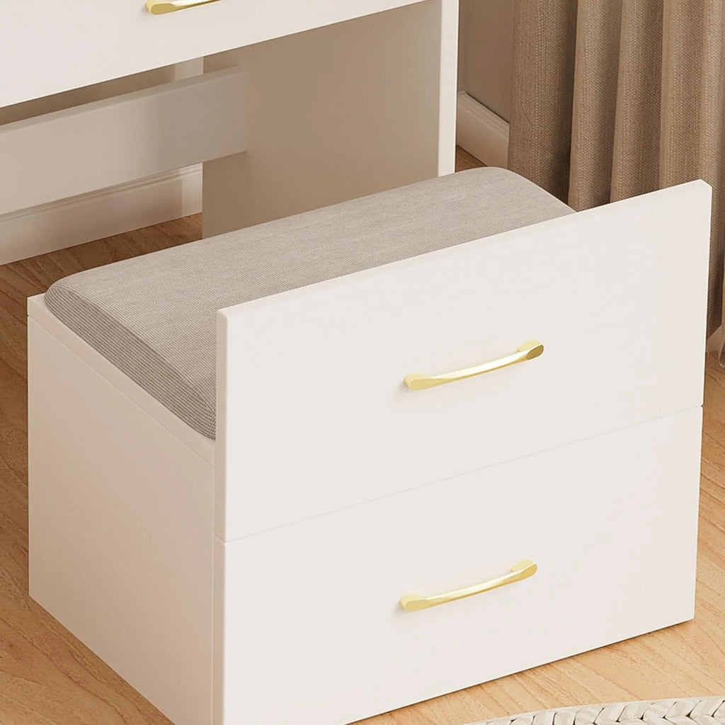 Montary Modern Mini Vanity W/Adjustable LED Mirror + Hidden Storage, Padded Stool & Dustproof Shelves (White)