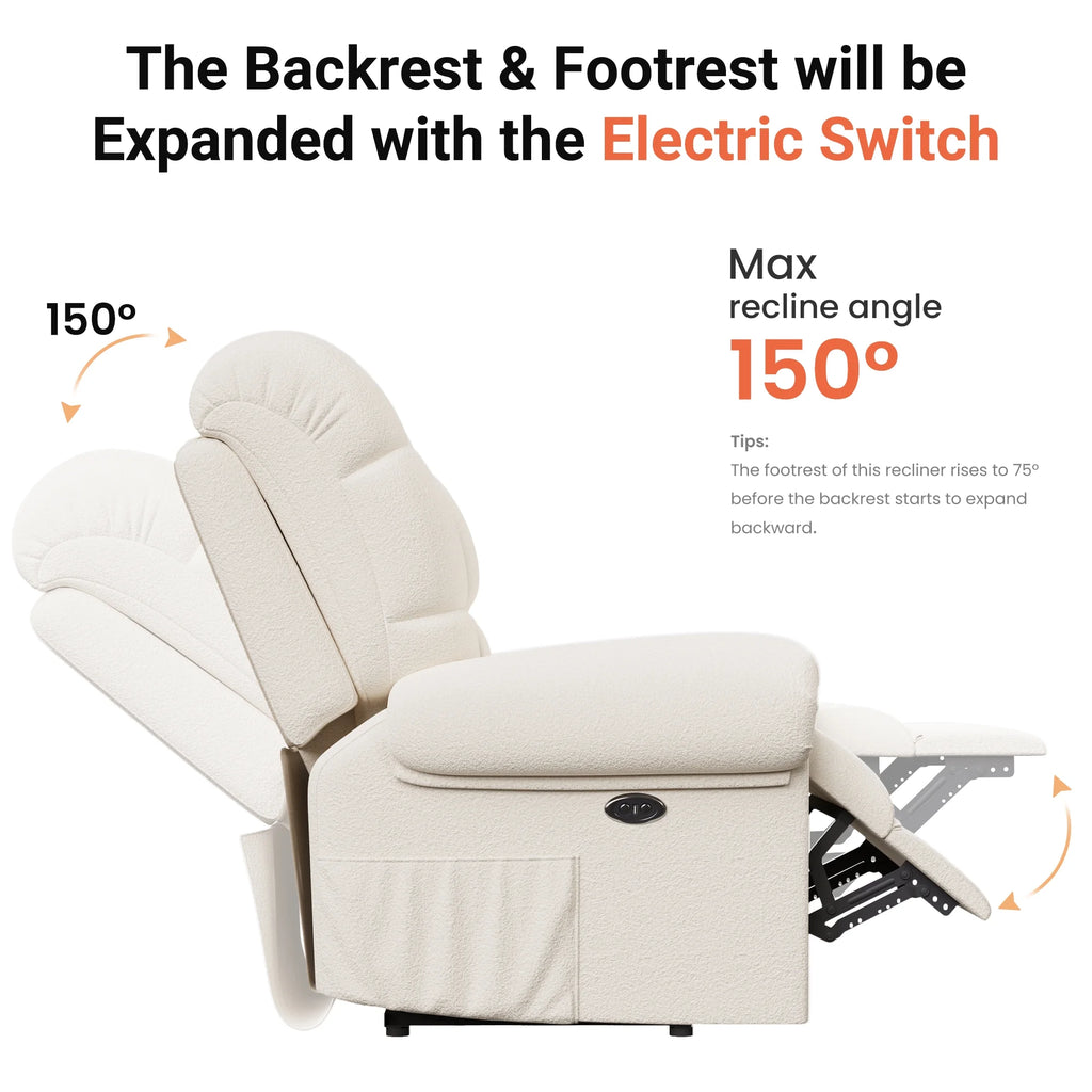 Power Recliner Chair, Electric Recline Sofa Chair for Adults with USB Port, Comfy Teddy Fleece Adjustable Cloud Sofa, Tool - Free Setup, Beige White
