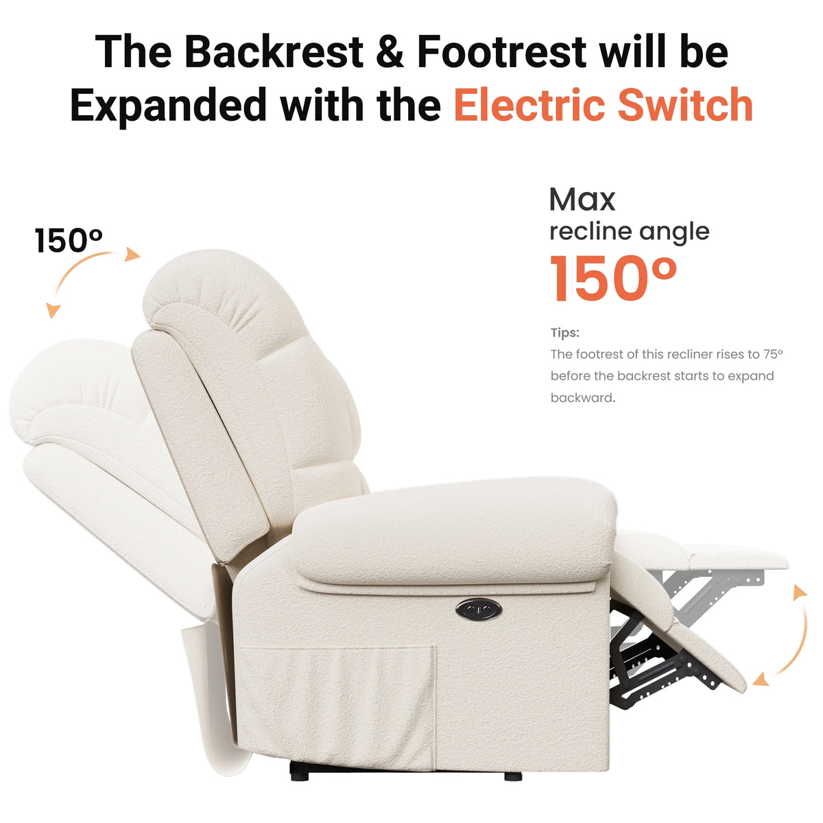 Power Recliner Chair, Electric Recline Sofa Chair for Adults with USB Port, Comfy Teddy Fleece Adjustable Cloud Sofa, Tool - Free Setup, Beige White