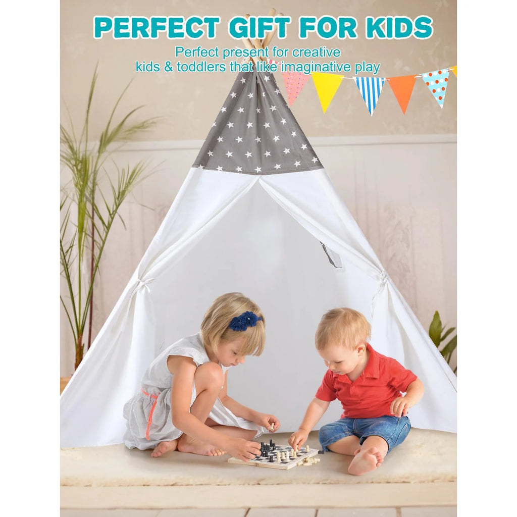Teepee Tent for Kids Slumber Party - 100% Cotton Foldable Kids Tent Indoor with Light & Flag Play House Outdoor - Toddler Tipi Playroom for Girls Gift Toys - Tee Pee Tents(Stars Design) Grey Teepee
