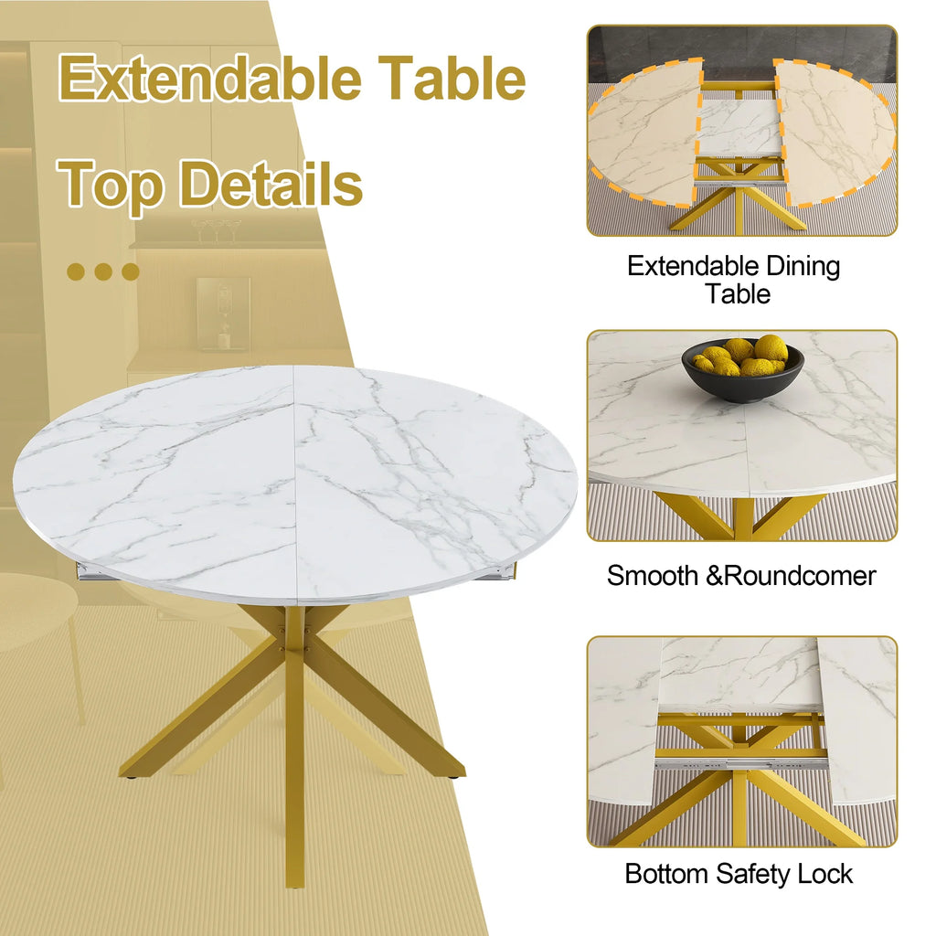 UHOMEPRO Extendable Dining Table with Extendable Blades, Modern Round Kitchen Table with Faux Marble Tabletop, Single Dining Room Table with Carbon Steel X - Shaped Base for Dining Room, White+Gold