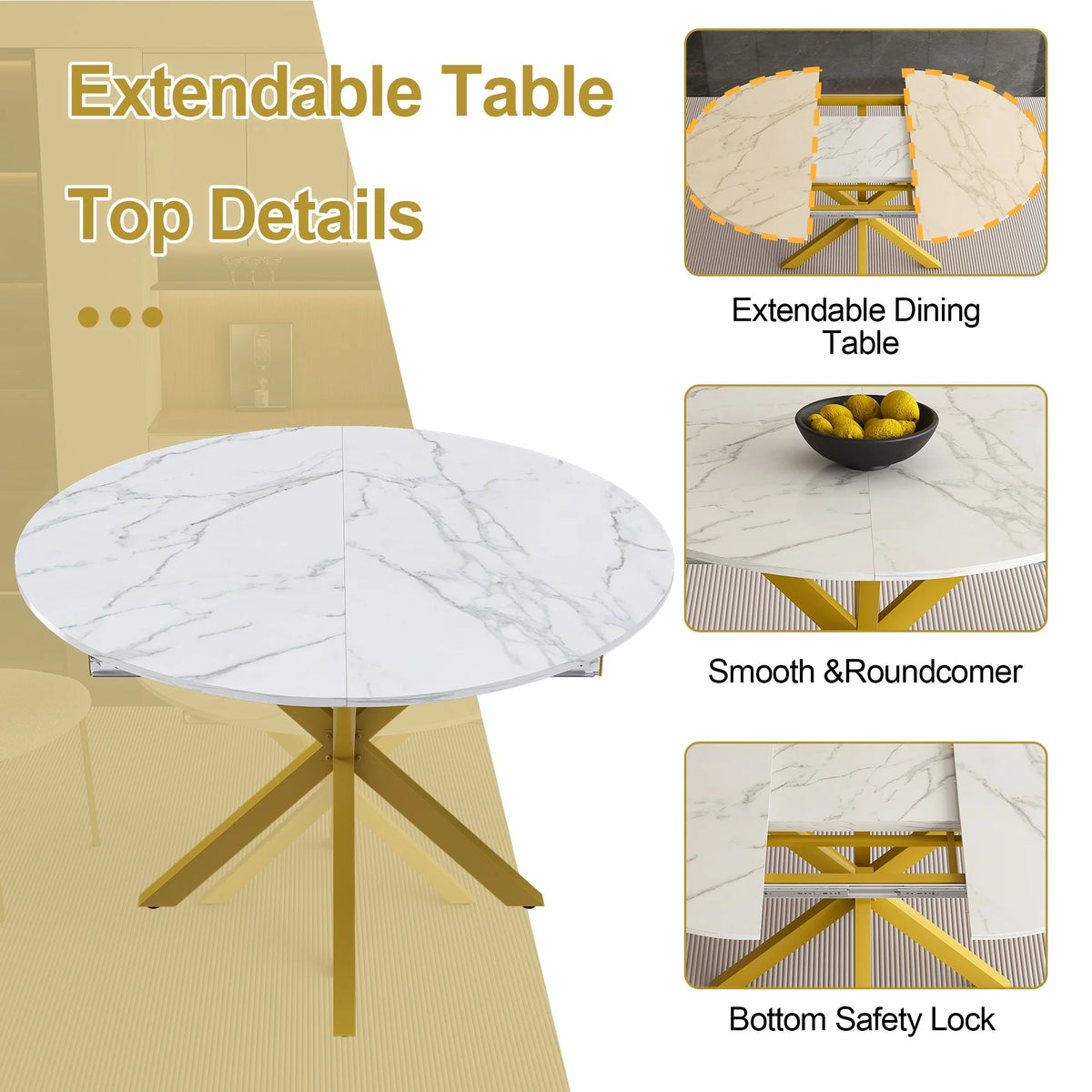 UHOMEPRO Extendable Dining Table with Extendable Blades, Modern Round Kitchen Table with Faux Marble Tabletop, Single Dining Room Table with Carbon Steel X - Shaped Base for Dining Room, White+Gold