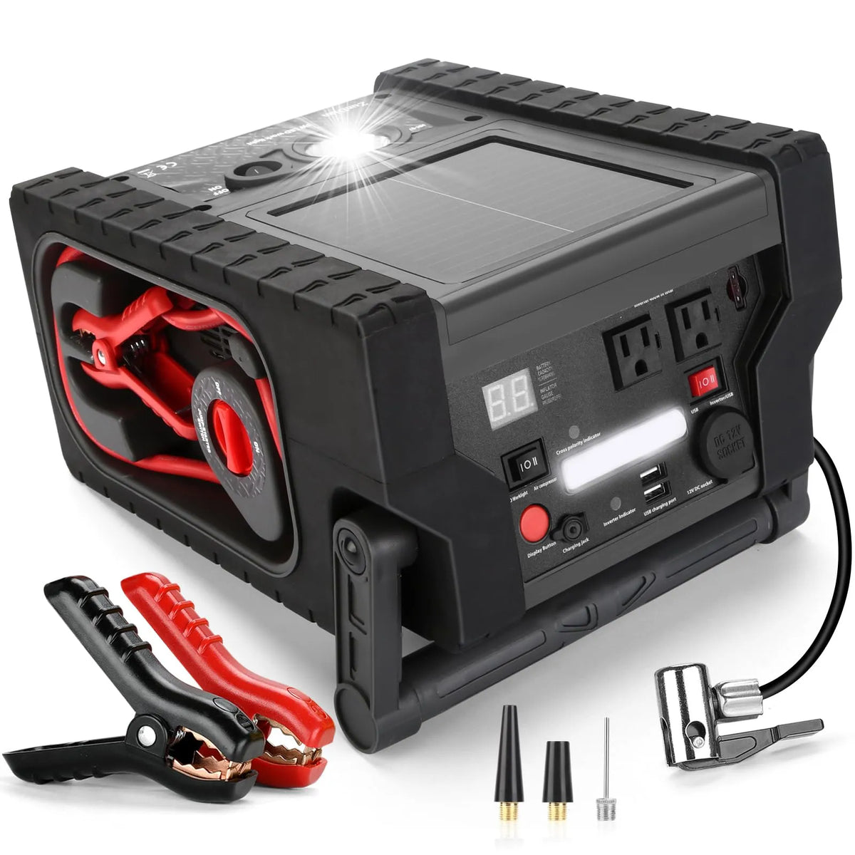 Solar Portable Power Station 2000 Amps Jump Starter, 260 PSI Air Compressor, 12V Car Battery Charger with 400W Inverter Dual Ac/dc/usb…