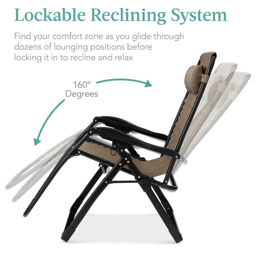 Oversized Chair, Folding Outdoor Patio Recliner, XL Anti Gravity Lounger W/Removable Cushion, Cup Holder, Side Tray, 350 lb Capacity - Taupe