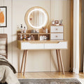 Montary Modern Mini Vanity W/Adjustable LED Mirror + Hidden Storage, Padded Stool & Dustproof Shelves (White)