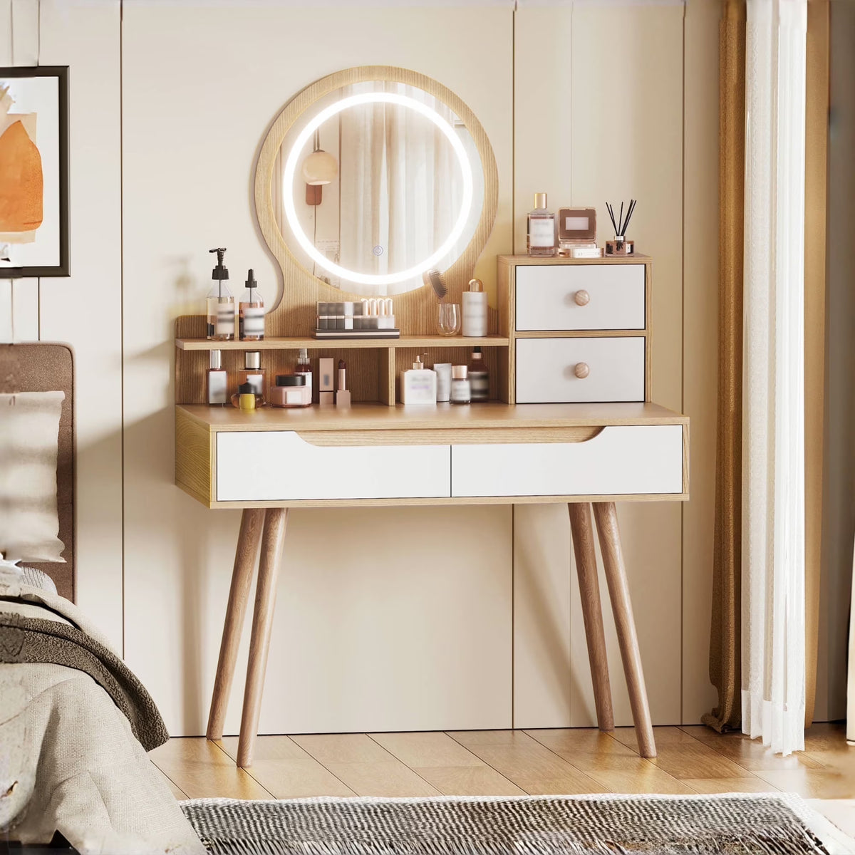 Montary Modern Mini Vanity W/Adjustable LED Mirror + Hidden Storage, Padded Stool & Dustproof Shelves (White)