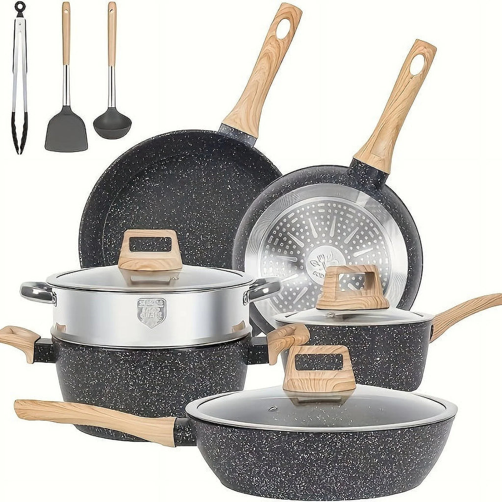 Non - Stick 12 POTS and Pans Set, Cookware Set, Including Frying Pan, Pan, Steamer, Silicone Spatula and Tongs - Granite Cooking Set (Black)